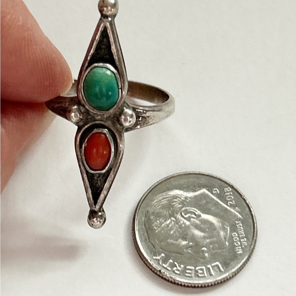 Vintage Southwestern Coral Turquoise Sterling Silver Ring - Picture 8 of 10